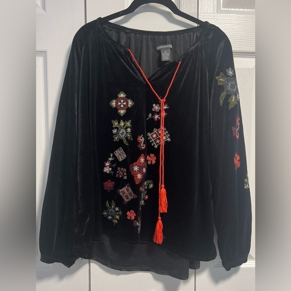 Chelsea & Theodore Velvet With Embroidery Long Sleeved Blouse - Picture 2 of 4